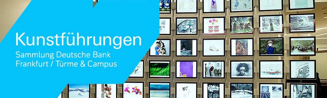 Collage of many artworks and title in blue lozenge ArtTour in Deutsche Bank